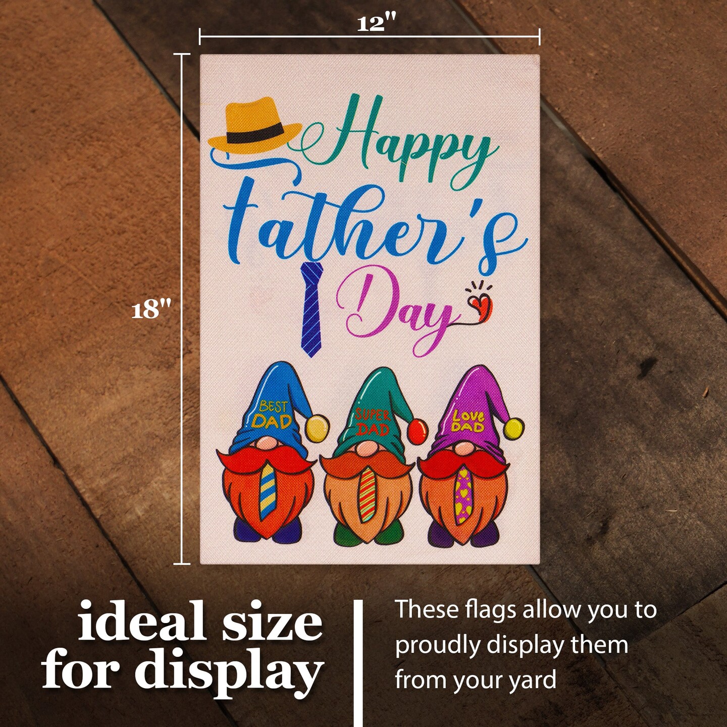 G128 Garden Flag Happy Father&#x27;s Day Three Gnome Fathers 12&#x22;x18&#x22; Burlap Fabric