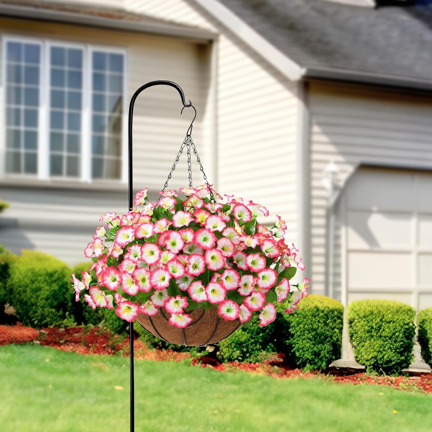 Silk Flower Hanging Basket: Lifelike Artificial Flowers in Coconut Lined Pot