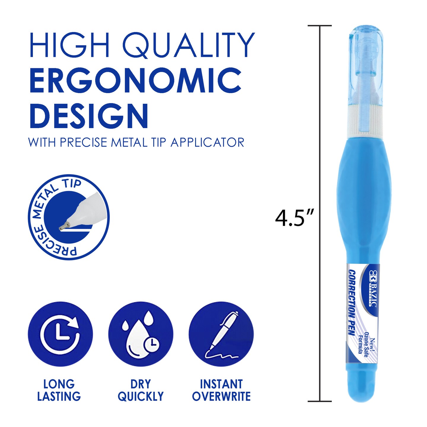 BAZIC Correction Pen Metal Tip Mini, 0.1 FL OZ (3 mL)(3/Pack)