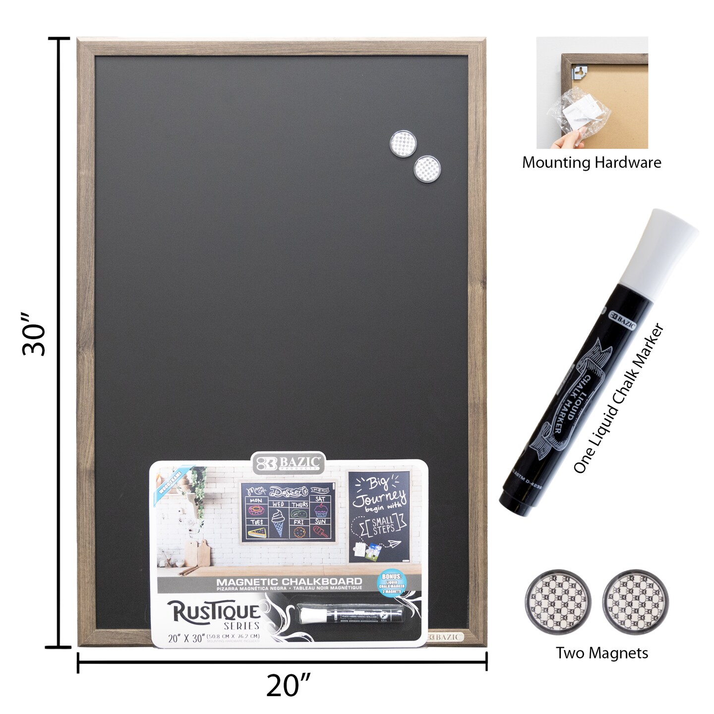 BAZIC RUSTIQUE Wood Frame Magnetic Chalkboard 20&#x22; x 30&#x22; w/ Chalk Marker &#x26; Magnets