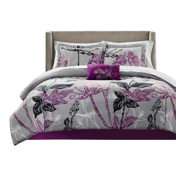 Gracie Mills 9-Piece Floral Comforter Set Cotton Sheets Purple Black Twin Grace-5677