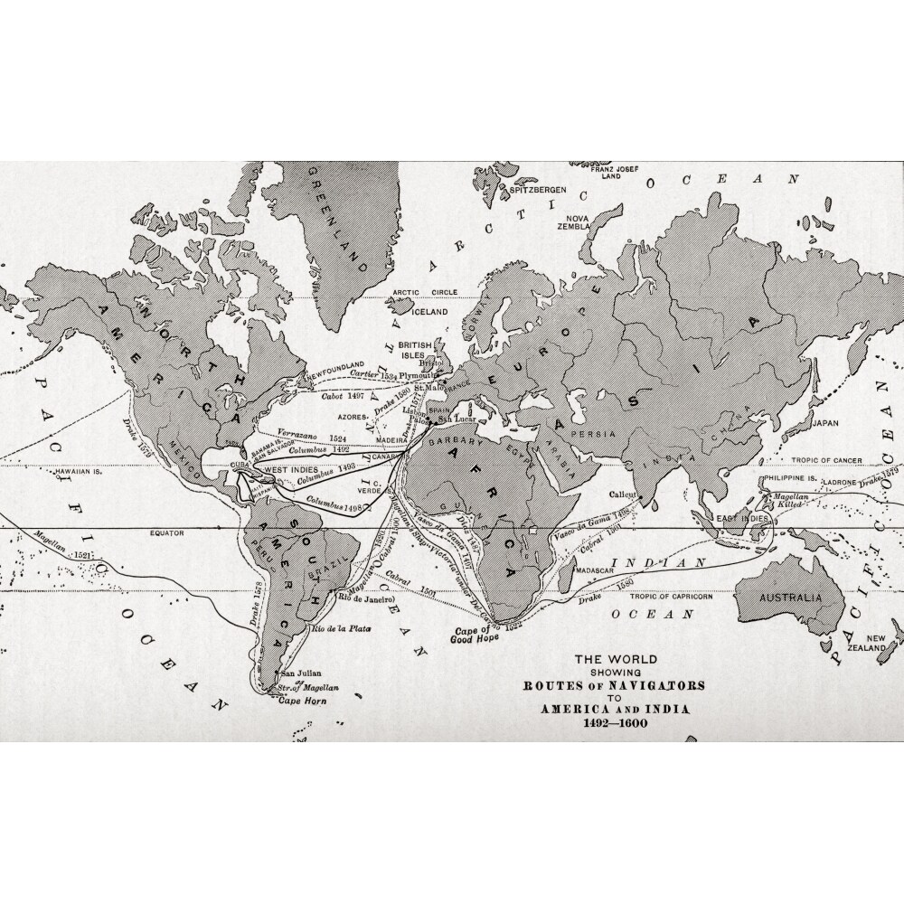 Posterazzi Map Of The World Showing The Routes Of Navigators To America ...