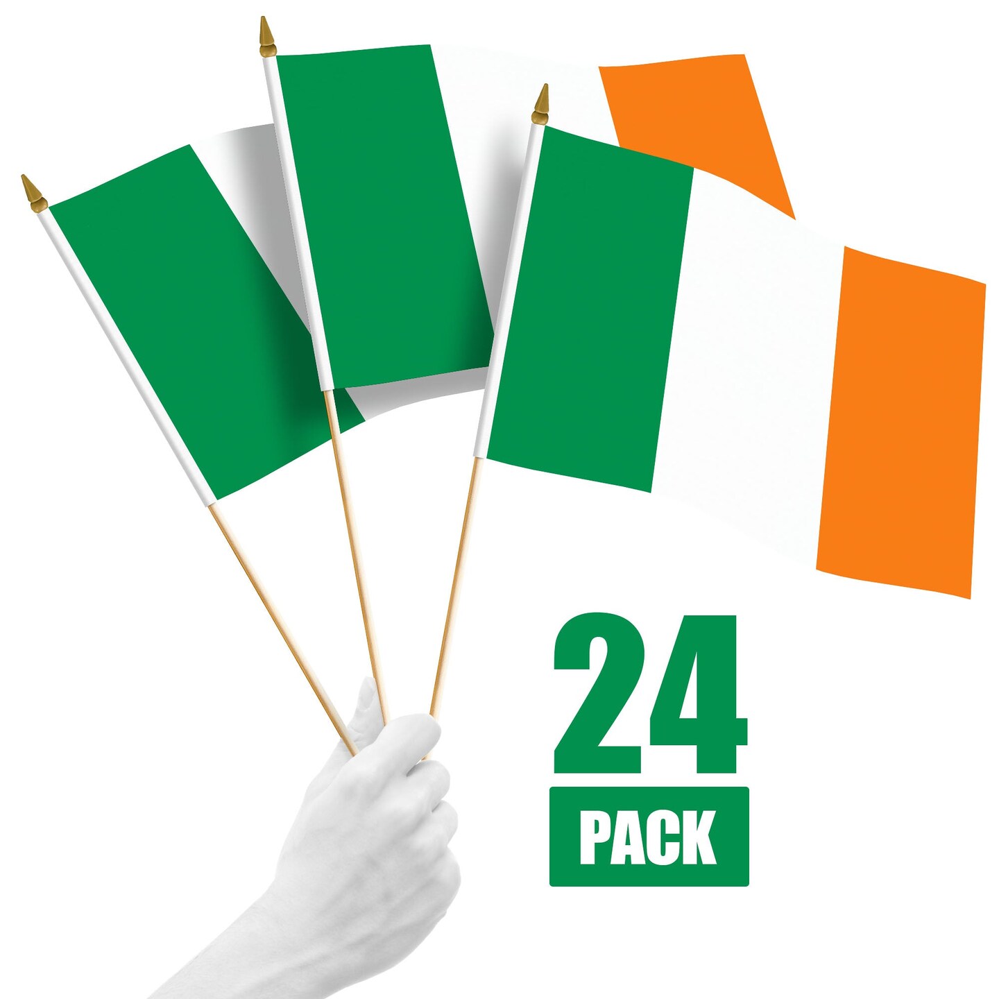 G128 24 Pack Handheld Ireland Irish Stick Flags | 12x18 In | Printed 150D Polyester, Country Flag, Solid Wooden Stick, Spear Gold Tip