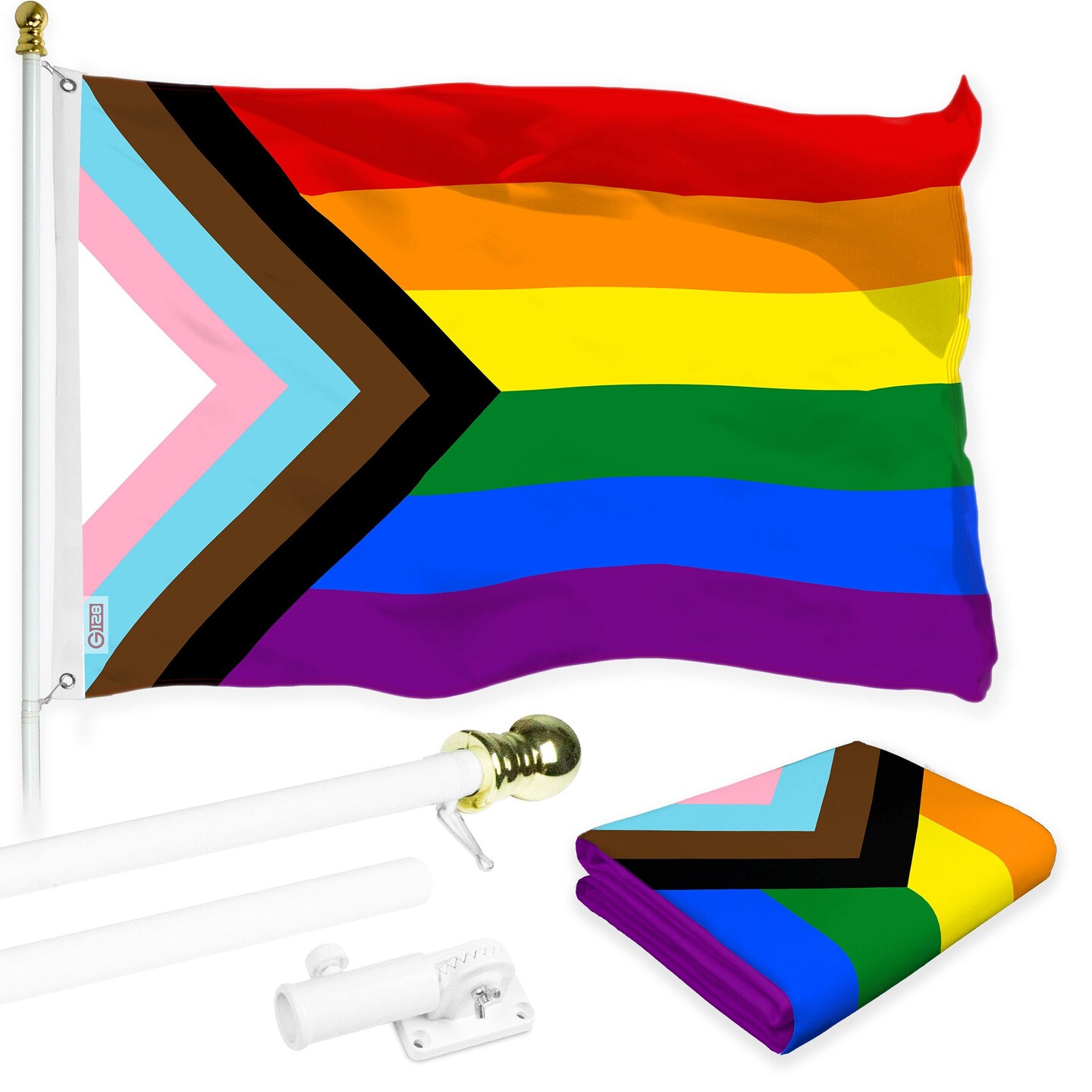 G128 Combo Pack: 6 Ft Tangle Free Aluminum Spinning Flagpole (White) &#x26; LGBT Progress Rainbow Pride Flag 3x5 Ft, LiteWeave Pro Series Printed 150D Polyester | Pole with Flag Included