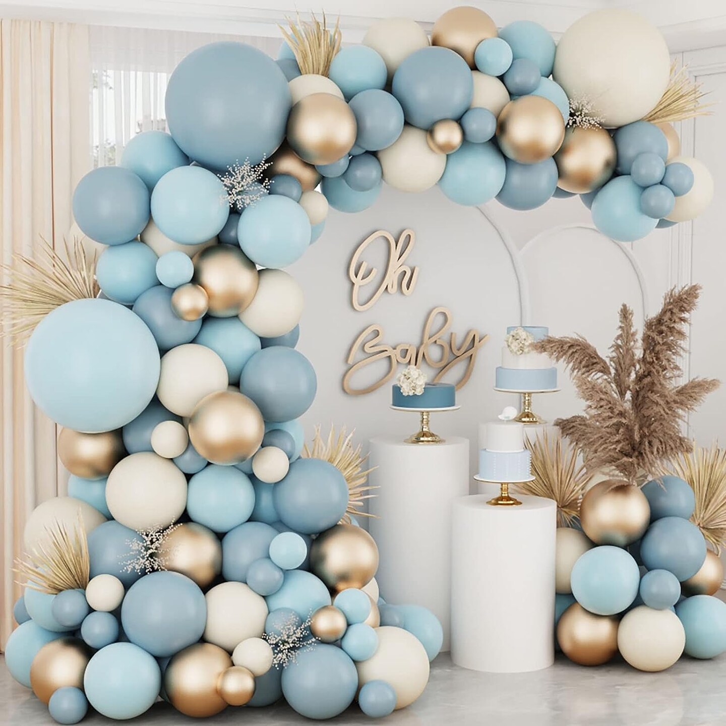 Dusty Baby Blue Balloons Balloon Arch Garland Kit,Sand White Metallic Gold Dusty Slate Fog Baby Blue Balloons for Boy Baby Shower Bridal Shower Birthday Party Decorations for Boy Men