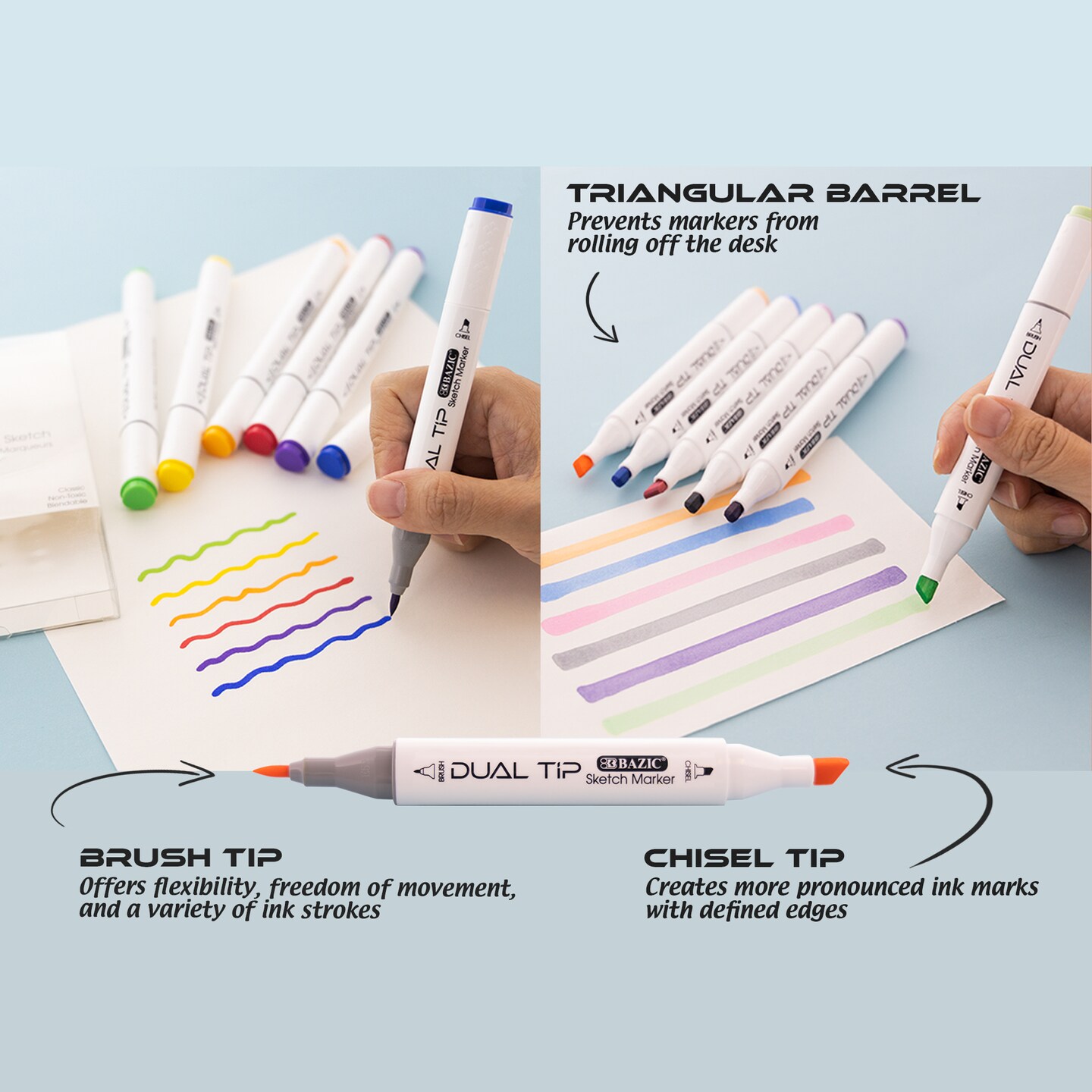 BAZIC Dual Tip Alcohol-Based Markers 6 Primary Colors