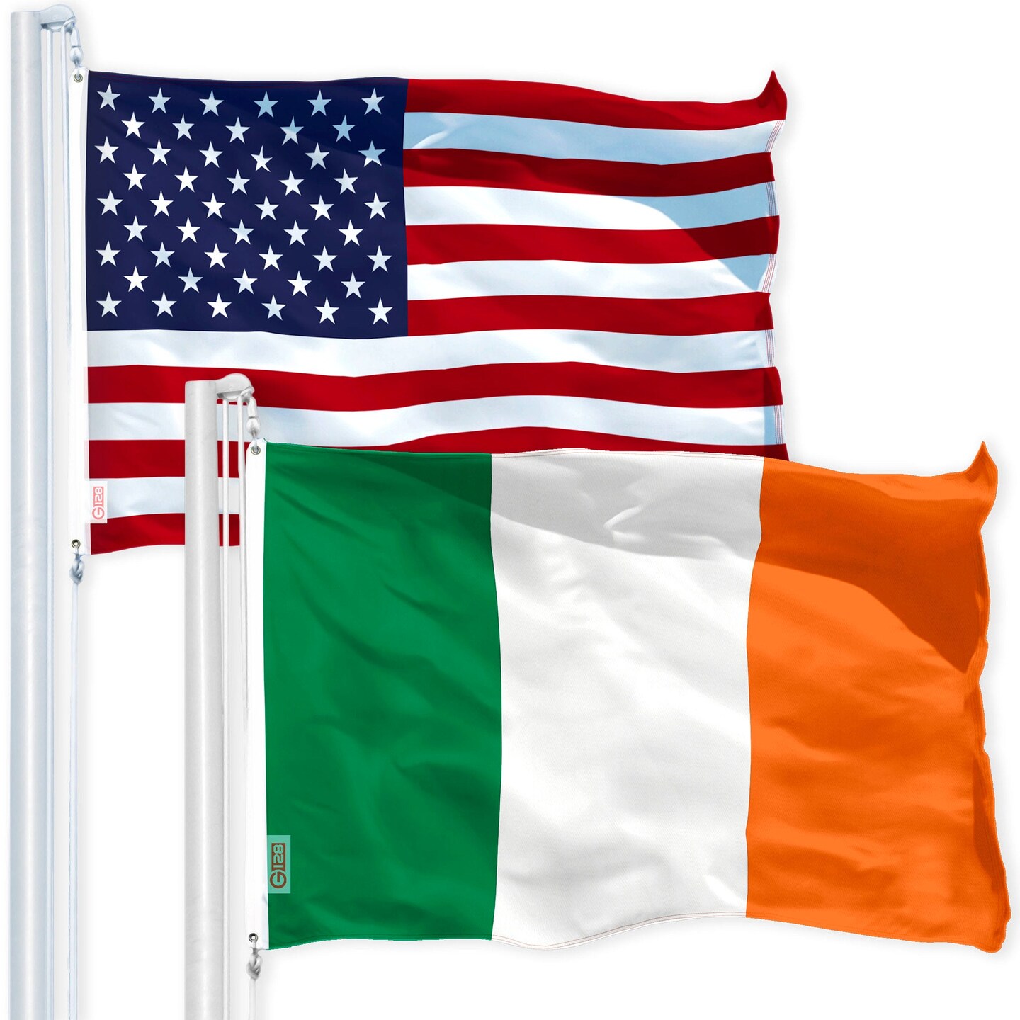 G128 Combo Pack: American USA Flag 4x6 Ft & Ireland Irish Flag 4x6 Ft | Both LiteWeave Pro Series Printed 150D Polyester, Brass Grommets