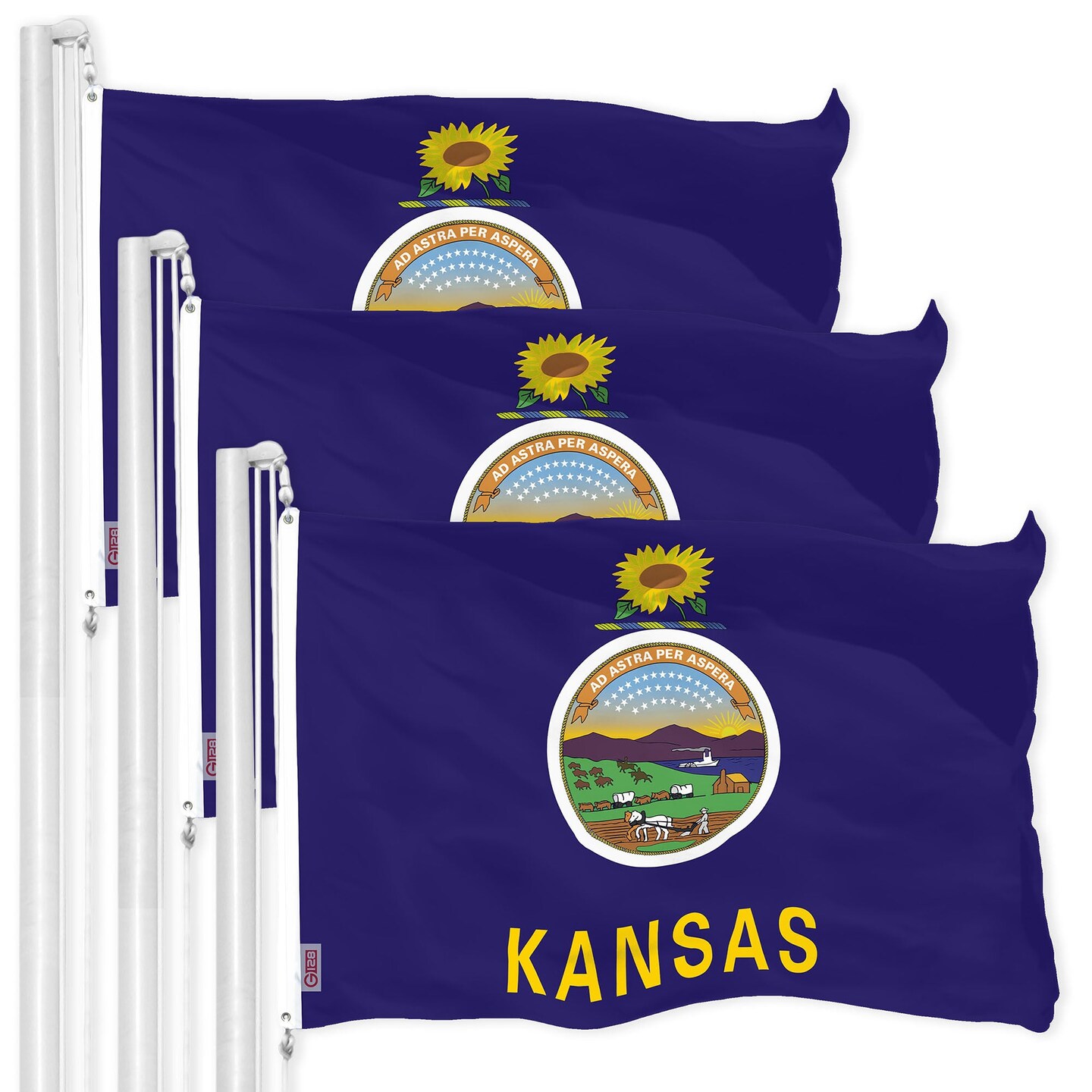 G128 3 Pack: Kansas KS | 3x5 Ft | LiteWeave Pro Series Printed 300D Polyester | Indoor/Outdoor, Vibrant Colors, Brass Grommets, Thicker and More Durable Than 100D 75D Polyester