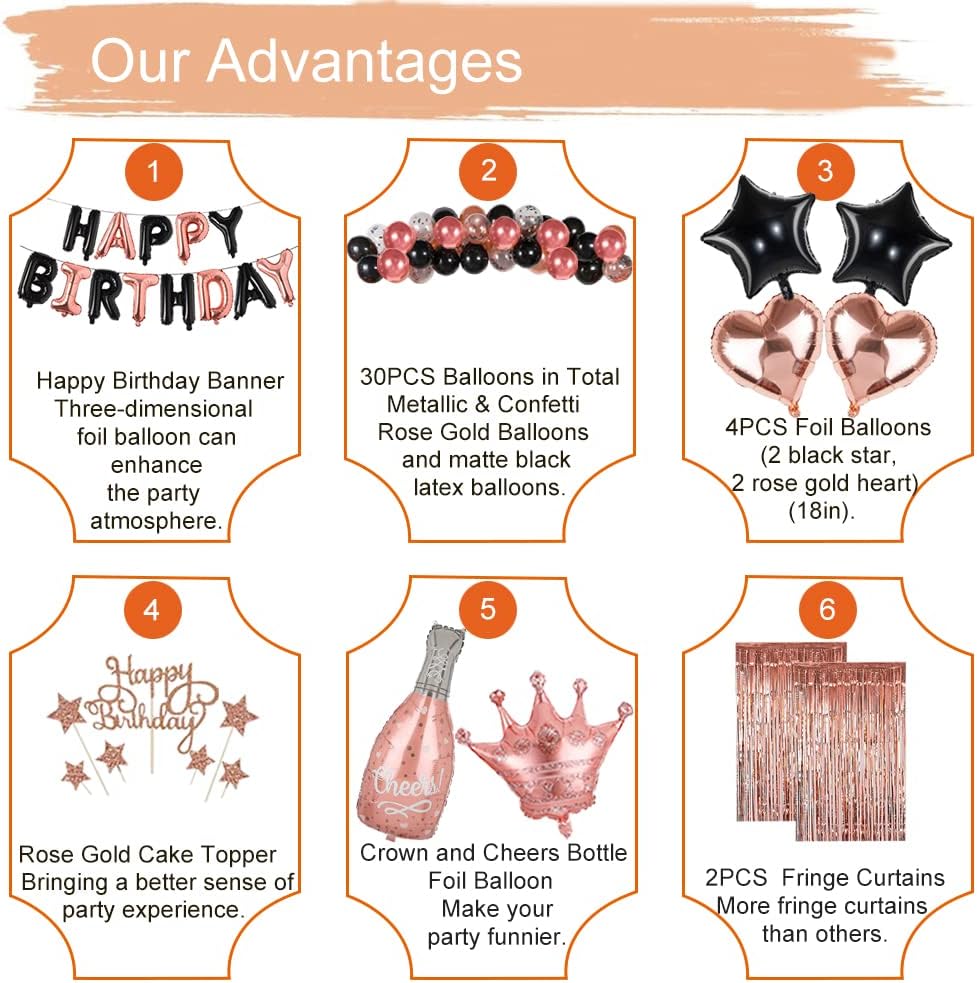 Rose Gold Black Happy Birthday Party Decorations for Women Girls, Decor Set for Her, Happy Birthday Banner, Foil Balloons, Fringe Curtains, Crown, Cake Topper for 13th 16th 18th 21st 30th 40th 50th