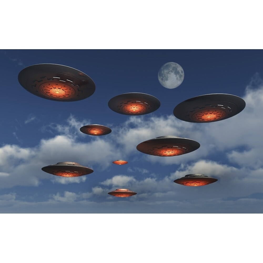 A Fleet Of Ufos Flying In Earths Atmosphere Poster Print By Mark Stevenson/Stocktrek Images