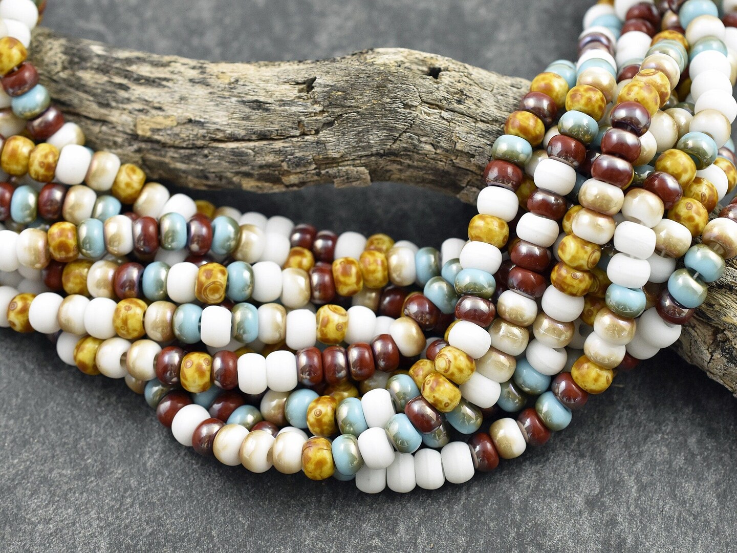 2/0 Aged Aged Turquoise Cocoa Picasso Mix Seed Beads (21&#x22; Strand)