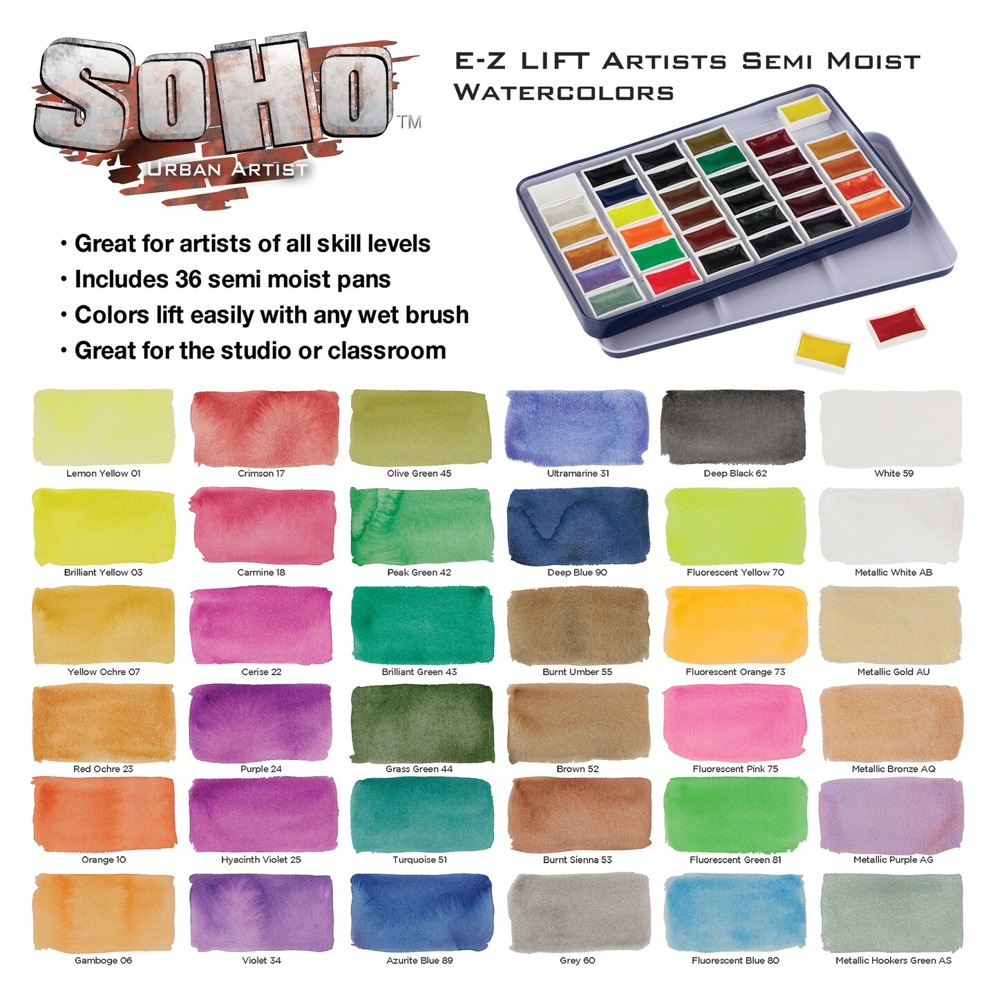 SoHo Urban Artist E-Z Lift Artist Watercolors Pan Set Of 36 - Professional Watercolor Pan with Rich &#x26; Brilliant Colors for Painters, Artists, Canvas, &#x26; More!