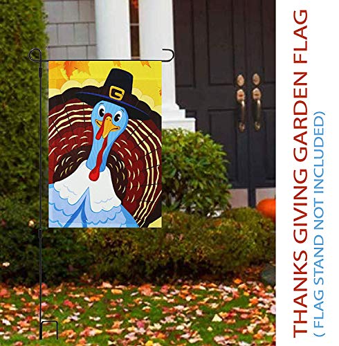 G128 - Home Decorative Thanksgiving Garden Flag, Joyful Pilgrim Turkey Decoration,  | 12x18 Inch | Printed 150D Polyester - Rustic Holiday Seasonal Outdoor Flag