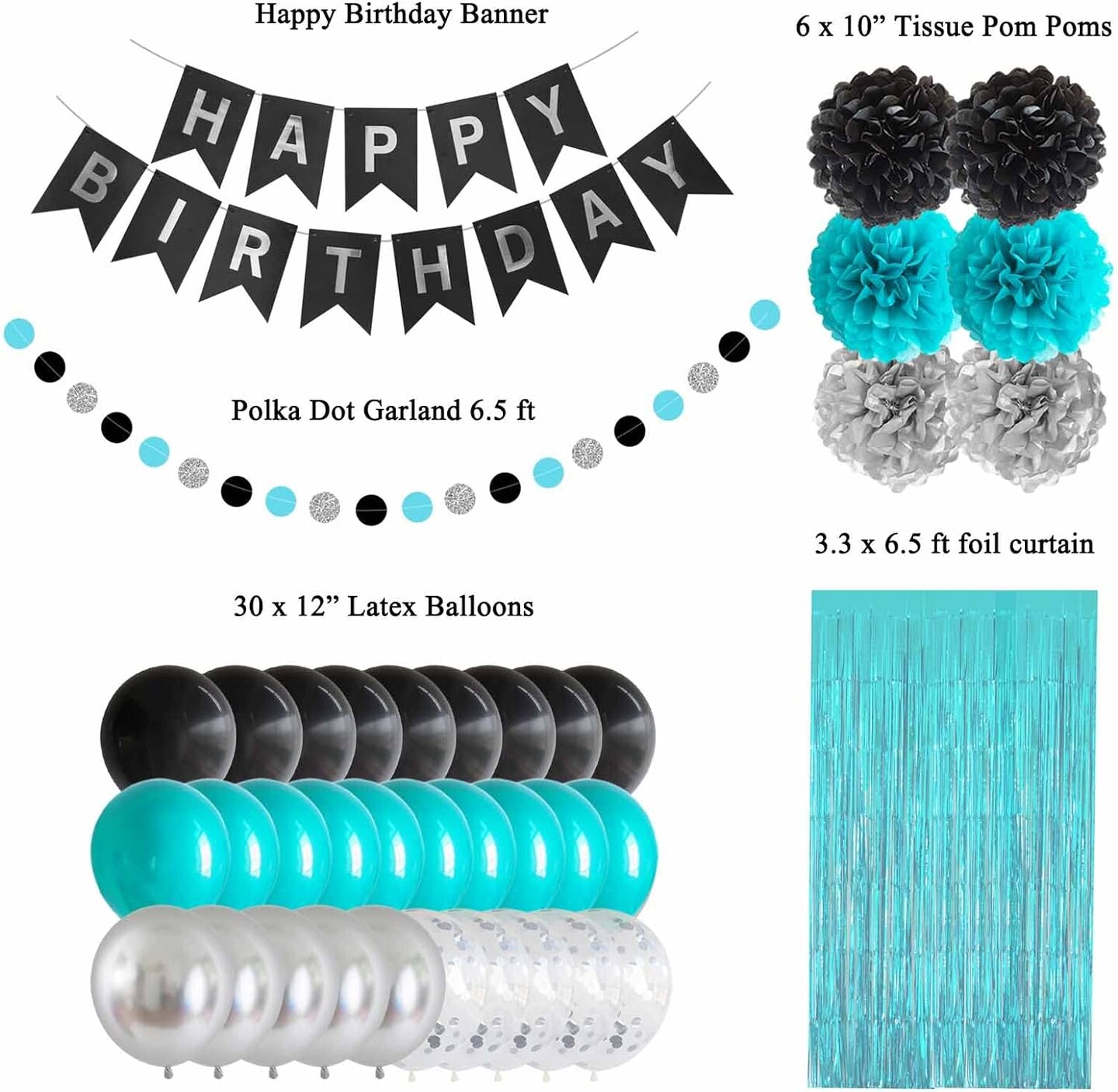 Black Teal Blue and Silver Happy Birthday Party Decorations Turquoise Aqua Balloons D&#xE9;cor Supplies Men Women Boys Girls 1st 2nd 3rd 16th 20th 25th 30th 35th 40th 45th 50th 60th 70th