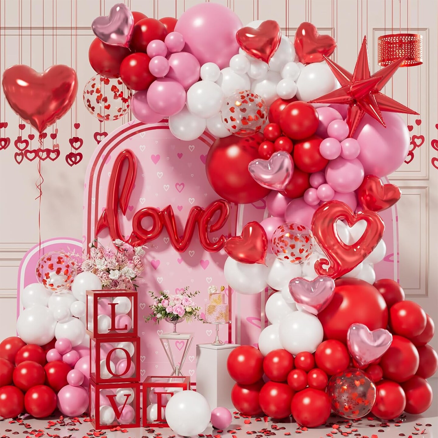 156pcs Valentines Day Balloon Arch Garland Kit with Pink White Red Confetti Heart Balloons Love Foil Balloons Explosion Star Balloons Rose Petals for Anniversary Wedding Romantic