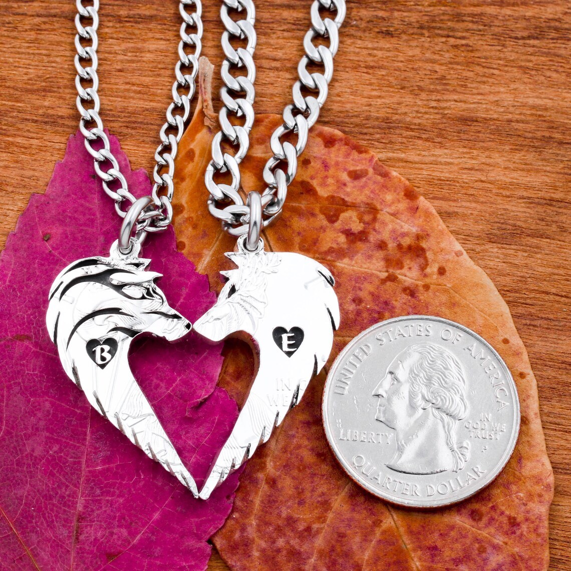 Wolf Couples Necklaces, Custom Initials Engraved, Wolves Making Heart, Wolf with Stripes, Relationship Jewelry, Hand Cut Coin, By NameCoins product 2