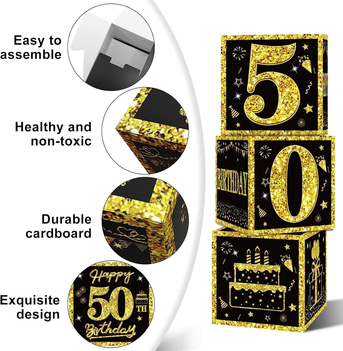 3pcs 50th Birthday Decorations Boxes for Men Women, Black Gold Happy 50 Birthday Balloons Boxes Party Supplies, 50 Year Old Bday Theme Cardboard Box