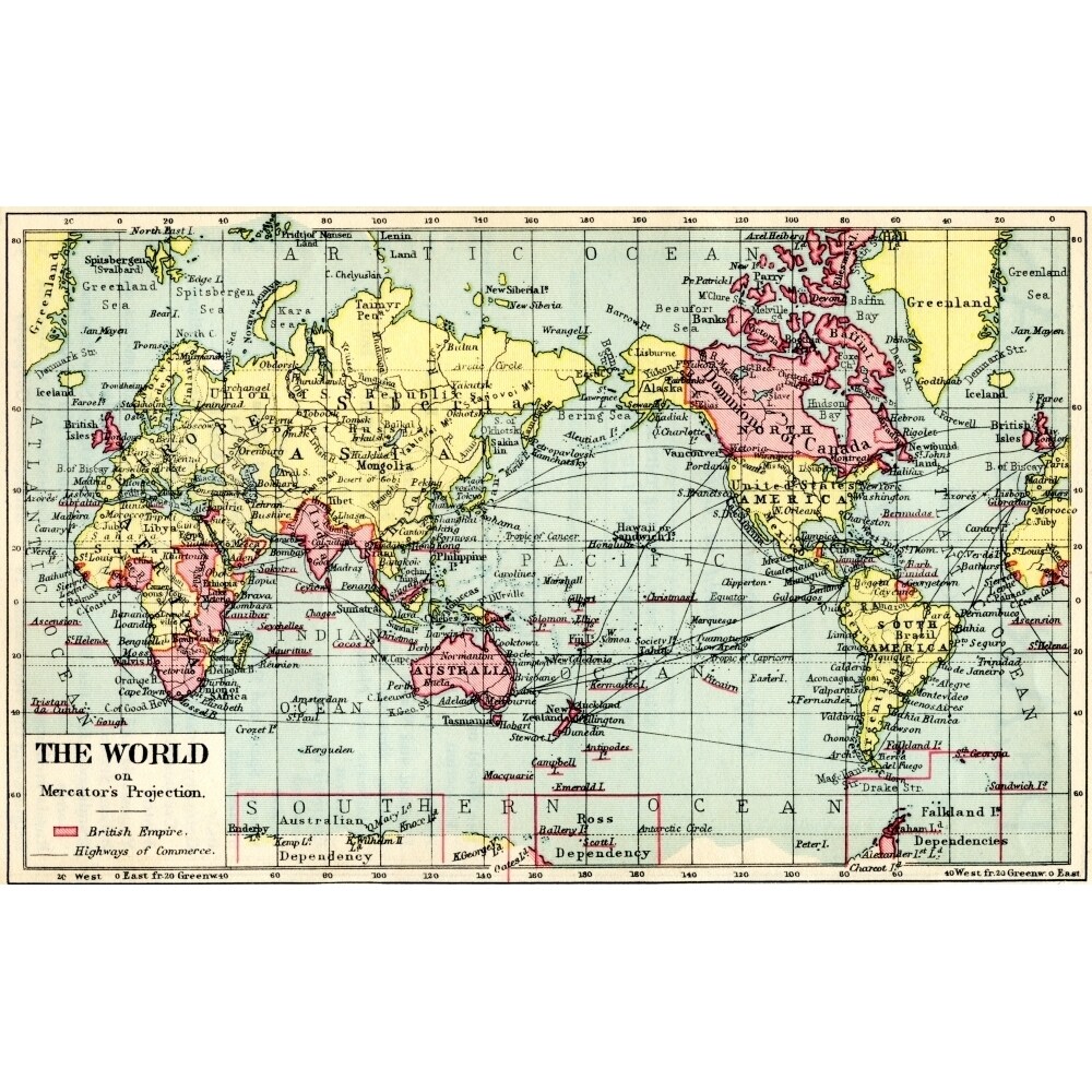A 1930S Map Of The World On Mercators Projection. The British Empire Shown In Red. Poster Print By Hilary Jane Morgan