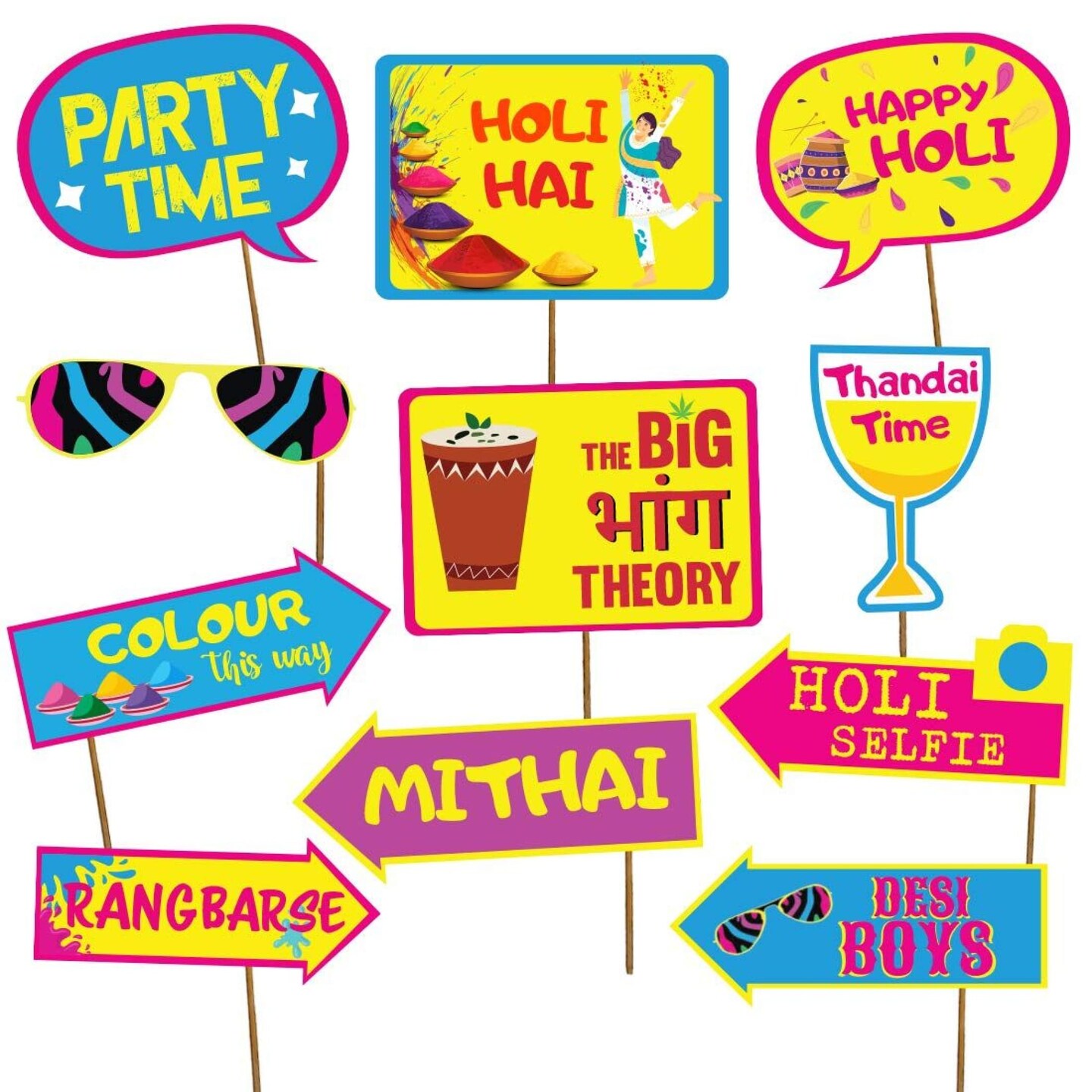 Happy Holi Photo Booth Props Party Supplies Funny Holi Hai Party Favors Decorations Hindu Festival of Colors Party Photo Booth Props Kit for Home Indoor Outdoor - Set of 11 Piece