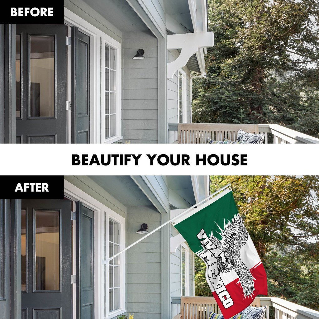 G128 Combo Pack: 6 Ft Tangle Free Spinning Flagpole (White) & Mexico Viva Mexico Flag 3x5 Ft Printed 150D Polyester, Brass Grommets (Flag Included) Aluminum Flag Pole