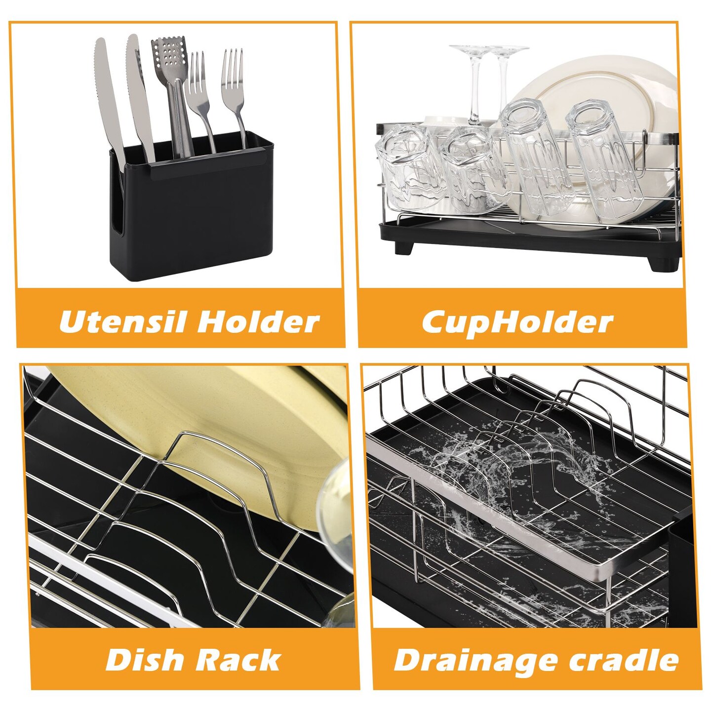 Countertop Dish Drying Rack, Stainless Steel Dish Drainer with Utensil Holder