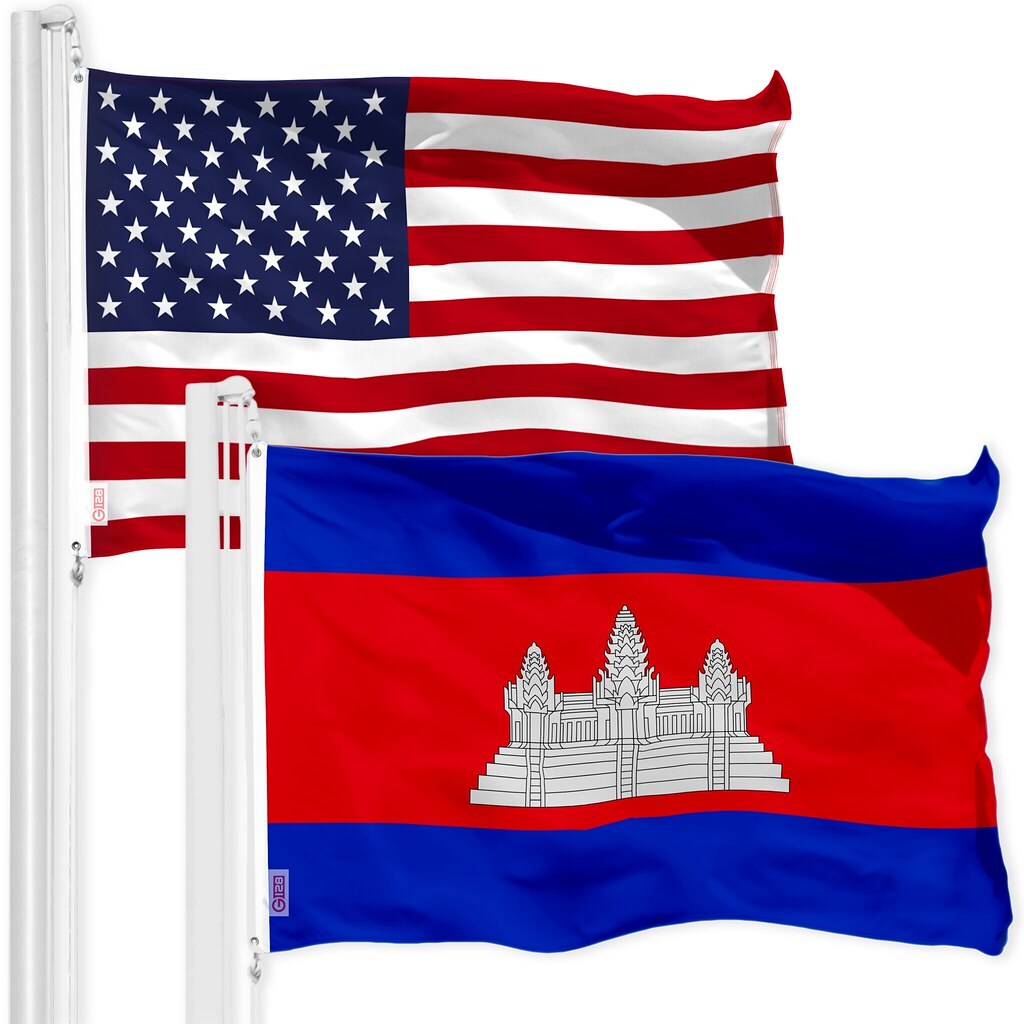 G128 Combo Pack: American USA Flag 3x5 Ft &#x26; Cambodia Flag 3x5 Ft, Both Printed 150D Polyester, Indoor/Outdoor, Brass Grommets