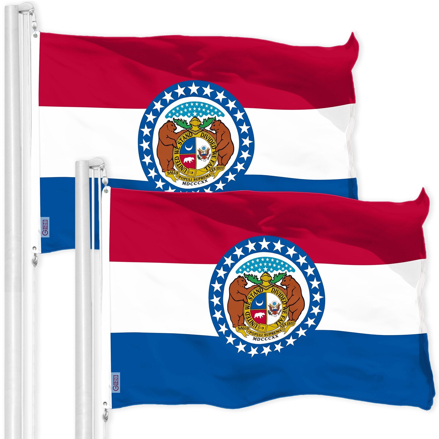 G128 2 Pack: Missouri MO State Flag | 3x5 Ft | Printed 150D Polyester - Indoor/Outdoor, Vibrant Colors, Brass Grommets, Quality Polyester, Much Thicker More Durable Than 100D 75D Polyester