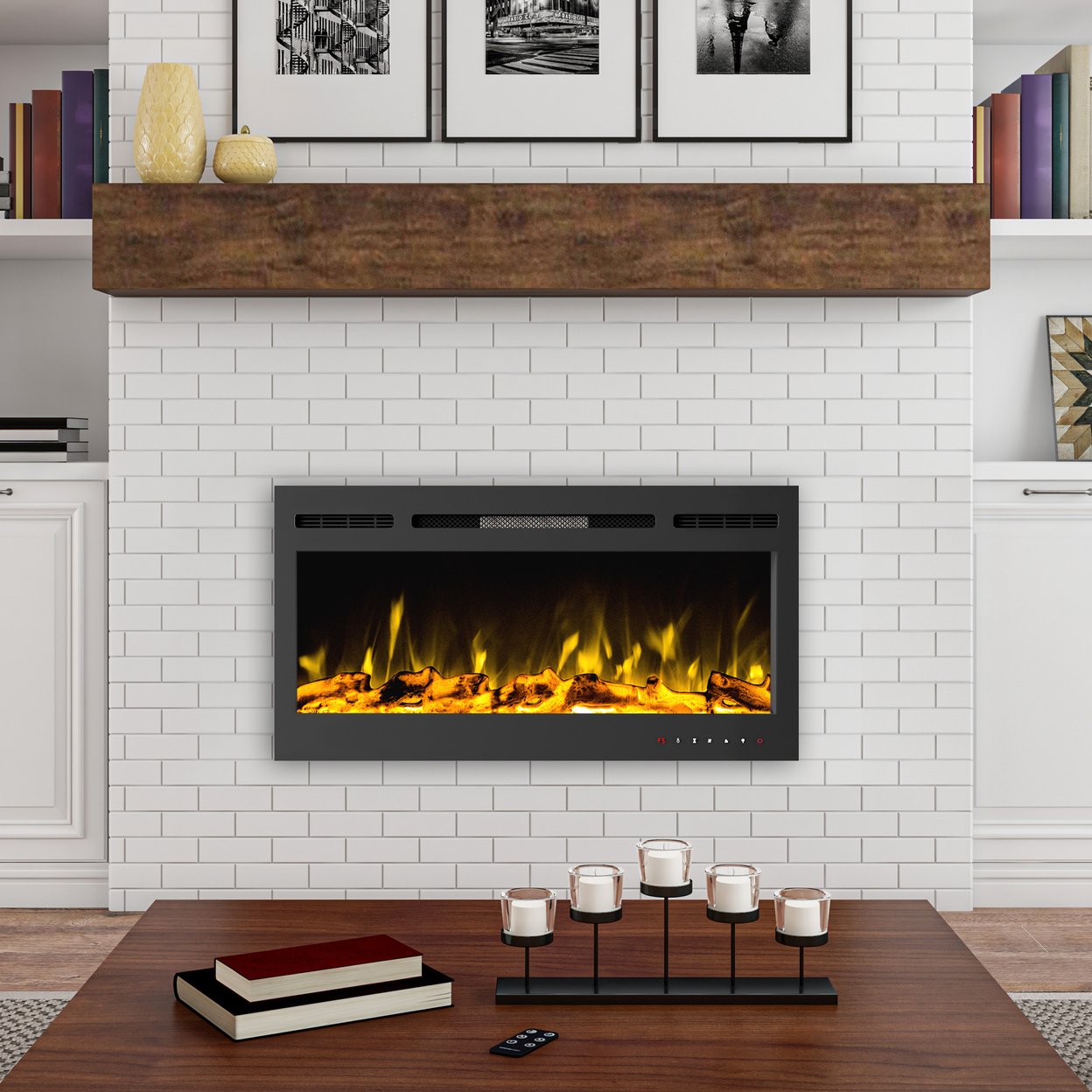 36 Inch Electric Fireplace Wall Mount Recessed Front Vent Remote Control Black