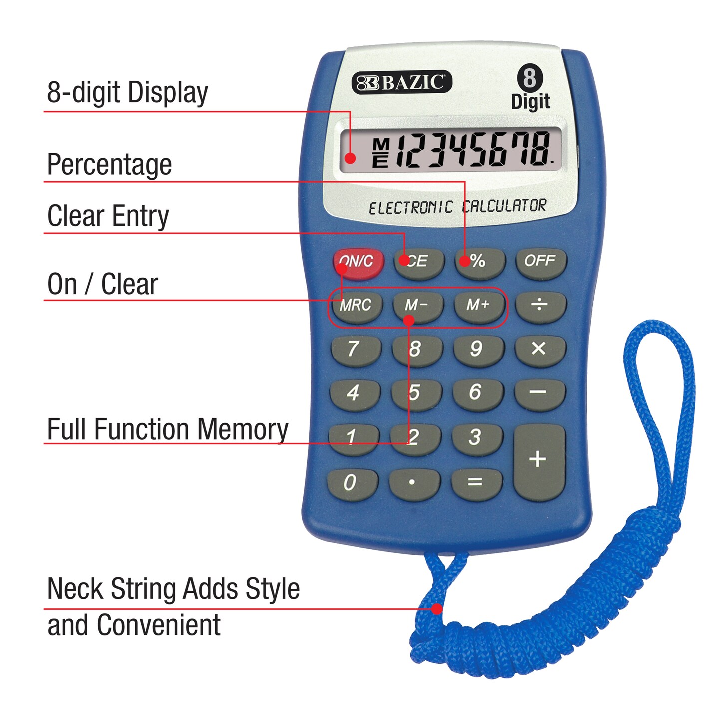 BAZIC Pocket Size Calculator 8-Digit w/ Neck String