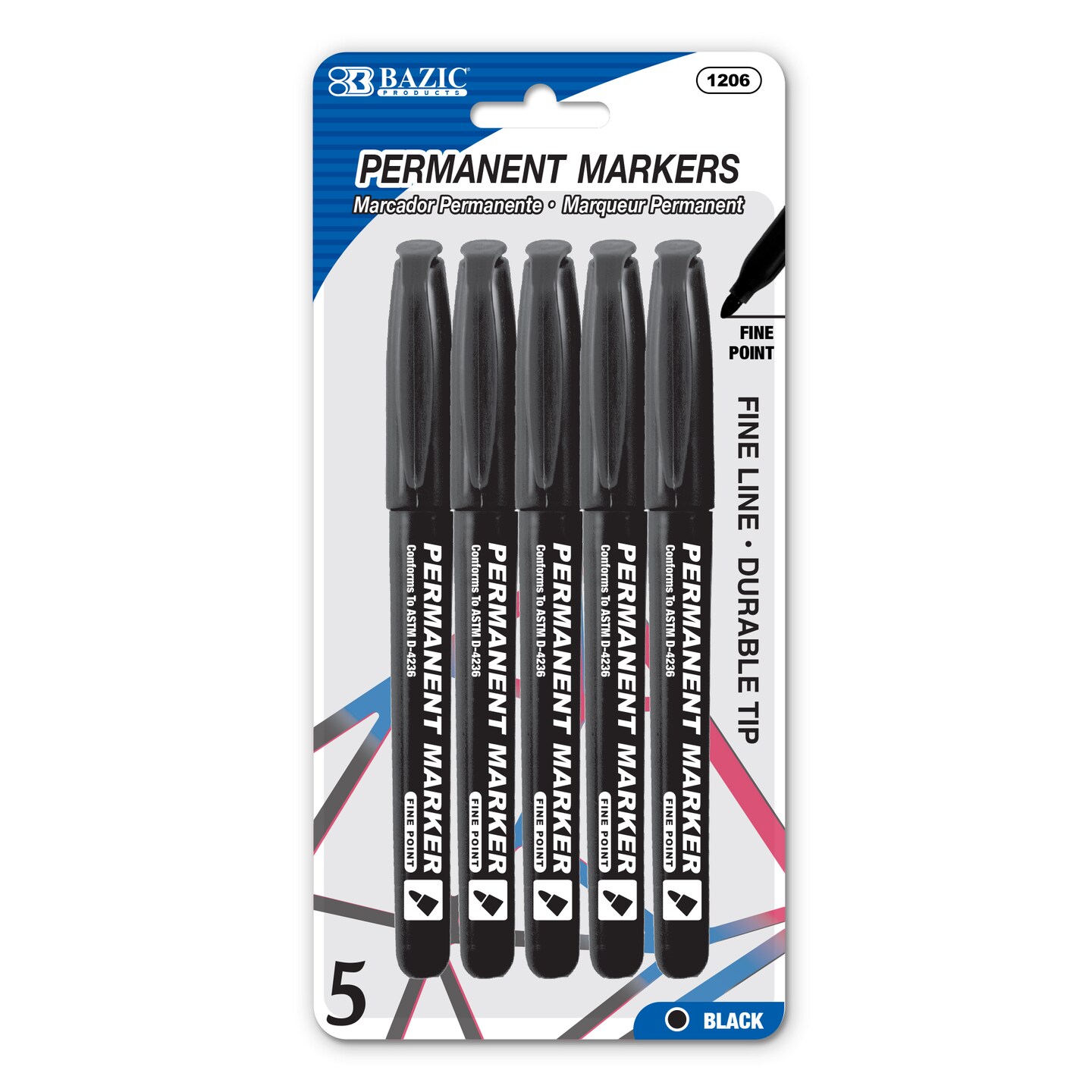 BAZIC Fine Tip Black Permanent Markers w/ Pocket Clip (5/Pack)