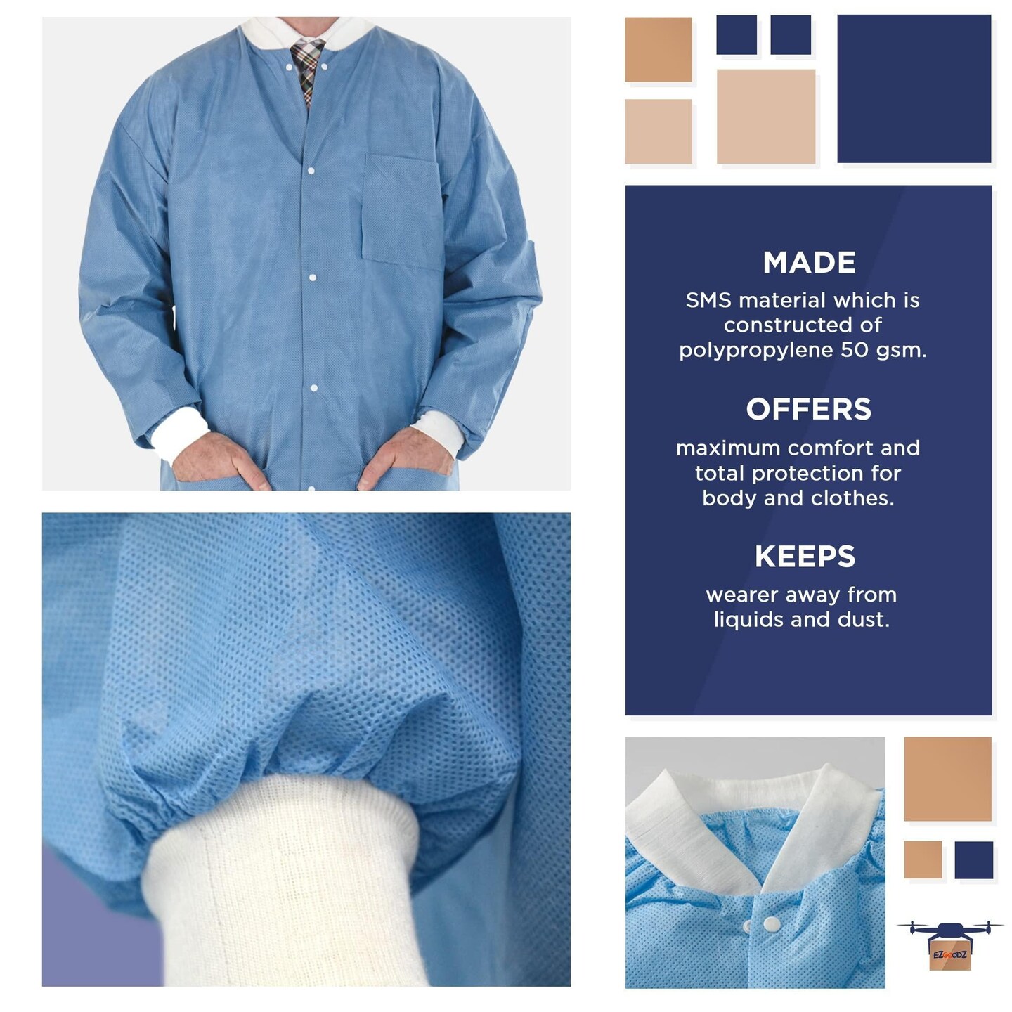 Disposable Lab Jackets 33&#x201D; XX Large Ceil Blue SMS Disposable Jackets Dental 10 Pack Breathable Lab Jacket for Men Women 50 GSM PPE Jacket with Front Snaps Knit Cuffs Collar 3 Pockets