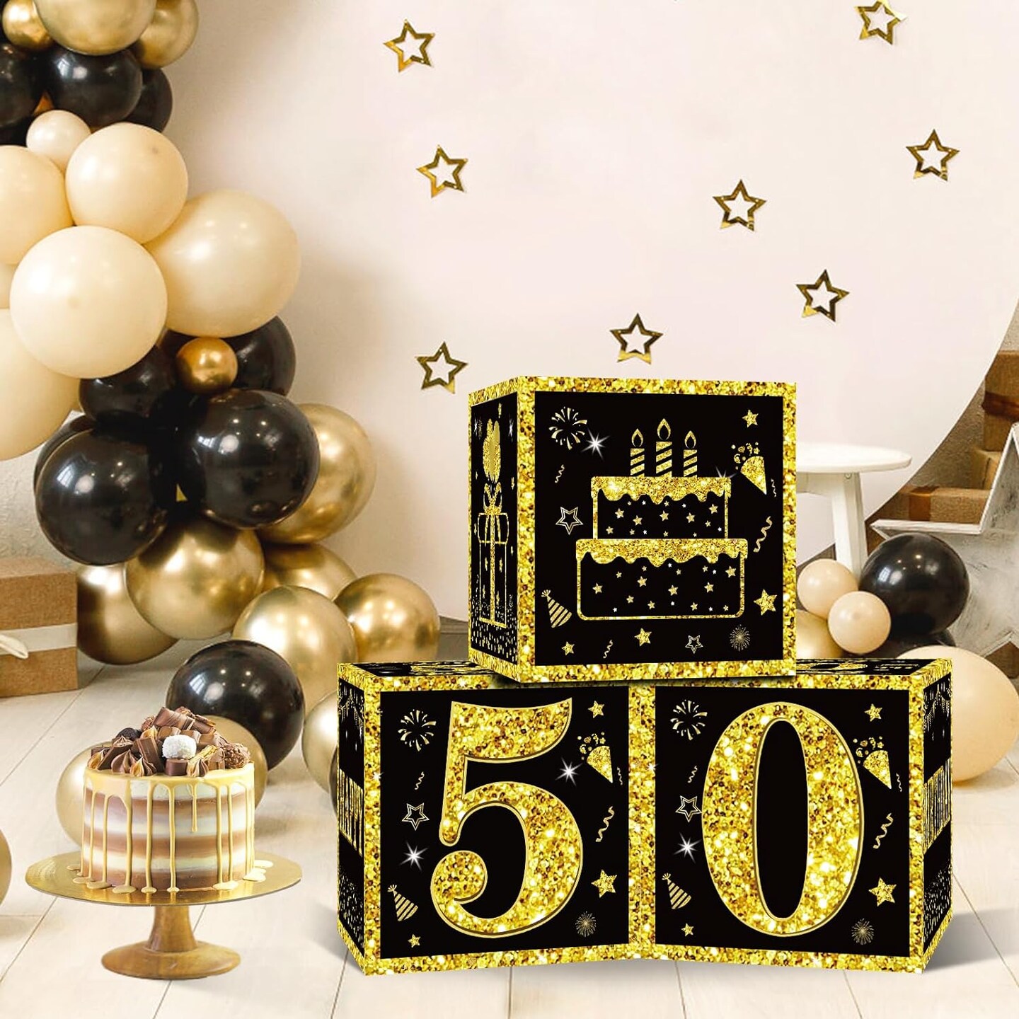 3pcs 50th Birthday Decorations Boxes for Men Women, Black Gold Happy 50 Birthday Balloons Boxes Party Supplies, 50 Year Old Bday Theme Cardboard Box