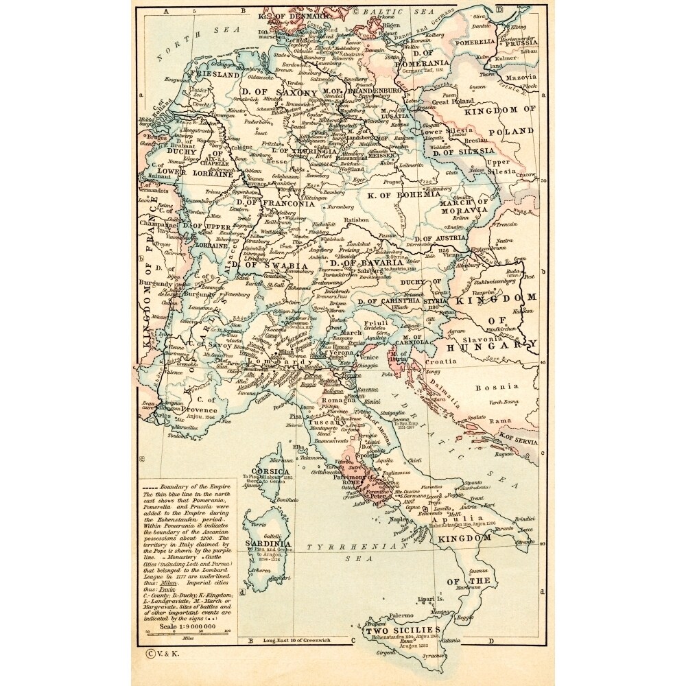 Map Of The Holy Roman Empire Under The Hohenstaufen 1138 - 1254. From Historical Atlas Published 1923. By Ken Welsh /