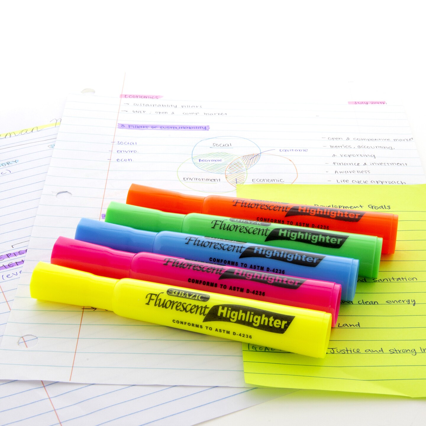 BAZIC Desk Style Fluorescent Highlighters Asst Color (3/Pack)