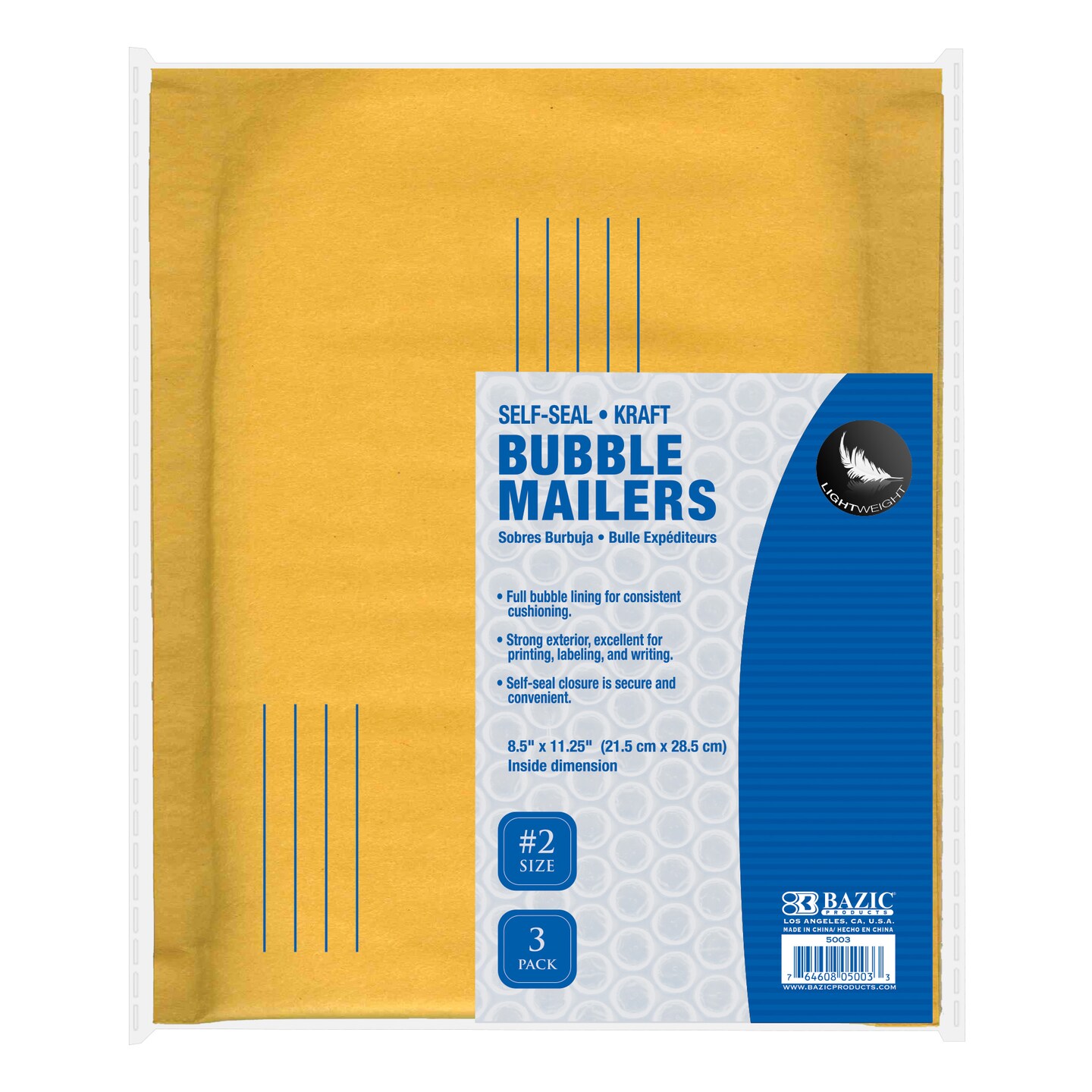 BAZIC Self-Seal Bubble Mailers (#2) 8.5&#x22; x 11.25&#x22; (3/Pack)