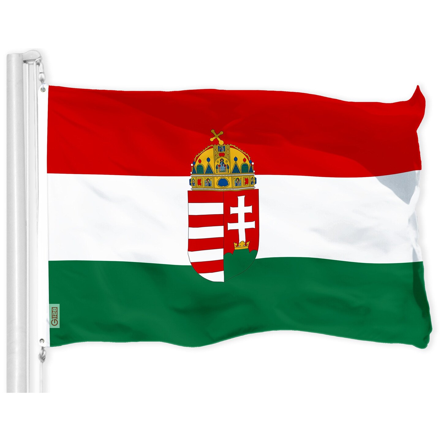 G128 Combo Pack: American USA Flag 150D 3x5 Ft &#x26; Hungary Coat of Arms Flag 300D 3x5 Ft, Indoor/Outdoor, Brass Grommets