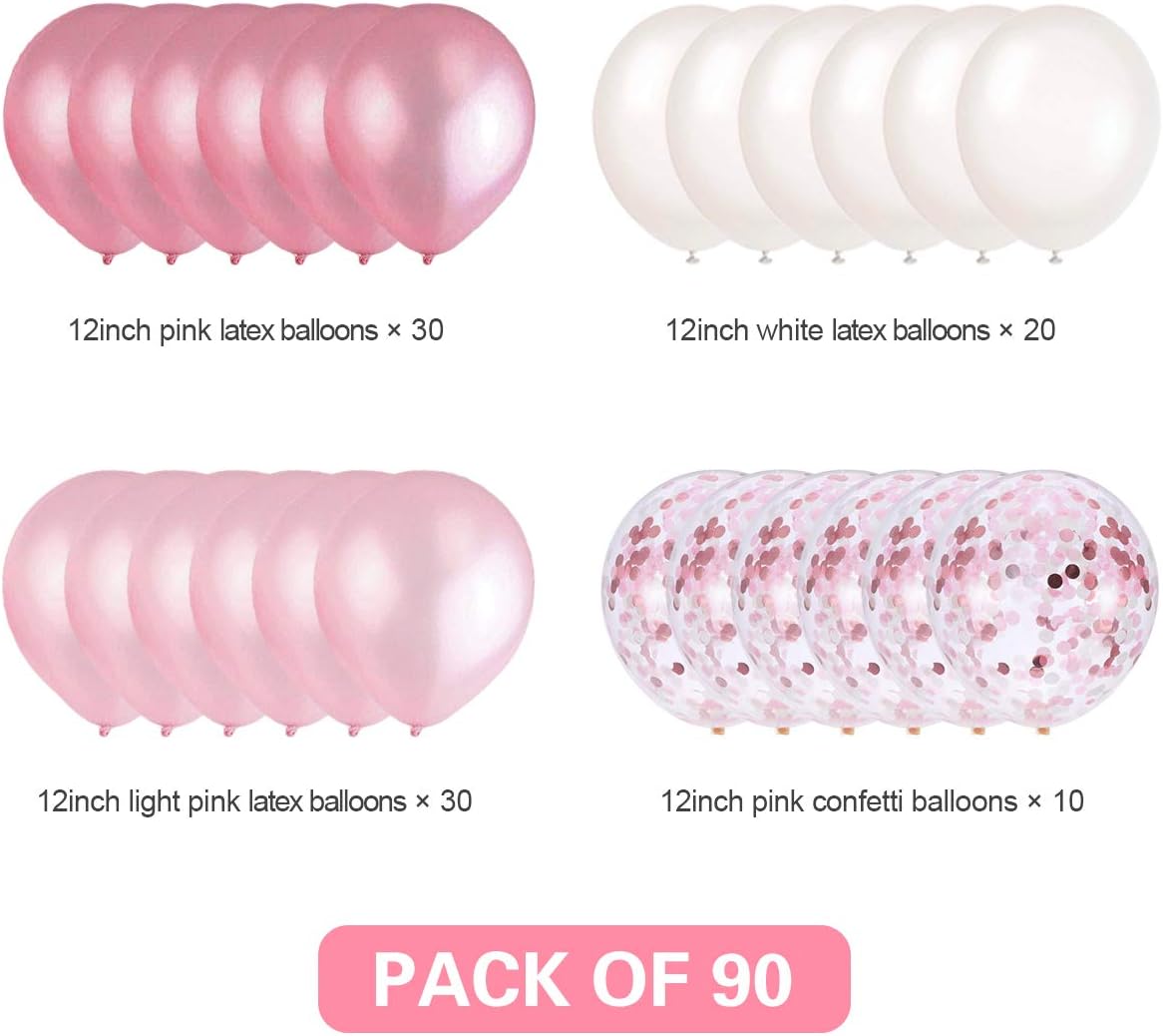 Pink and White Balloons, Pink Confetti Balloons White Balloons Total 90 pcs Latex Party Balloons for Hen Party Wedding Baby Shower Birthday Party Decoration