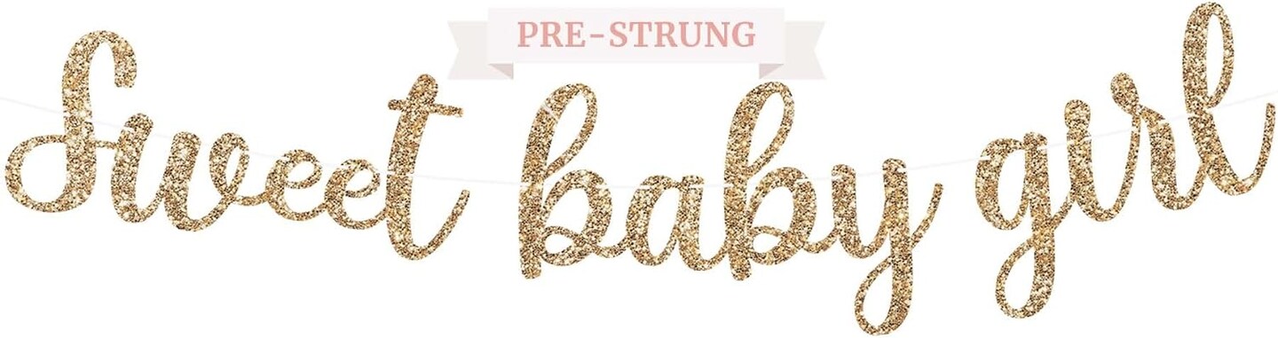 Pre-Strung Sweet Baby Girl Banner - NO DIY - Gold Glitter Baby Shower Gender Reveal Party Banner For Girl - Pre-Strung Garland on 8 ft Strand - Baby Shower Party Decorations.