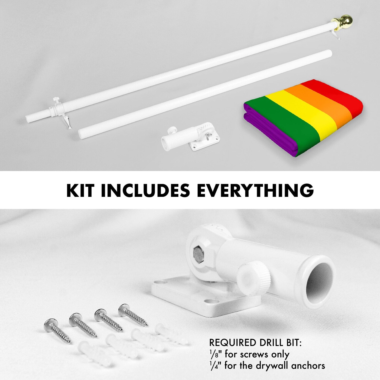 G128 Combo Pack: 6 Ft Tangle Free Aluminum Spinning Flagpole (White) & LGBT Rainbow Pride Flag 3x5 Ft, LiteWeave Pro Series Printed 150D Polyester | Pole with Flag Included