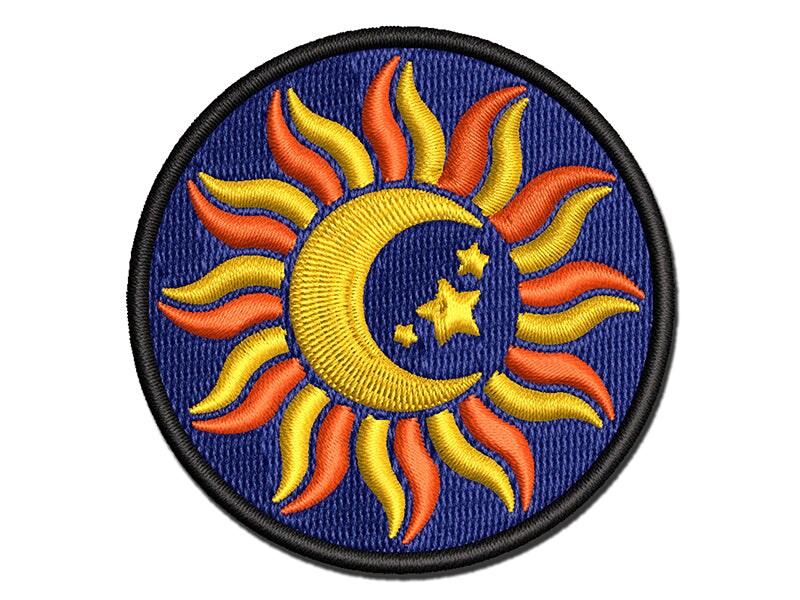 Celestial Sun Moon and Stars Multi-Color Embroidered Iron-On or Hook &#x26; Loop Patch Applique