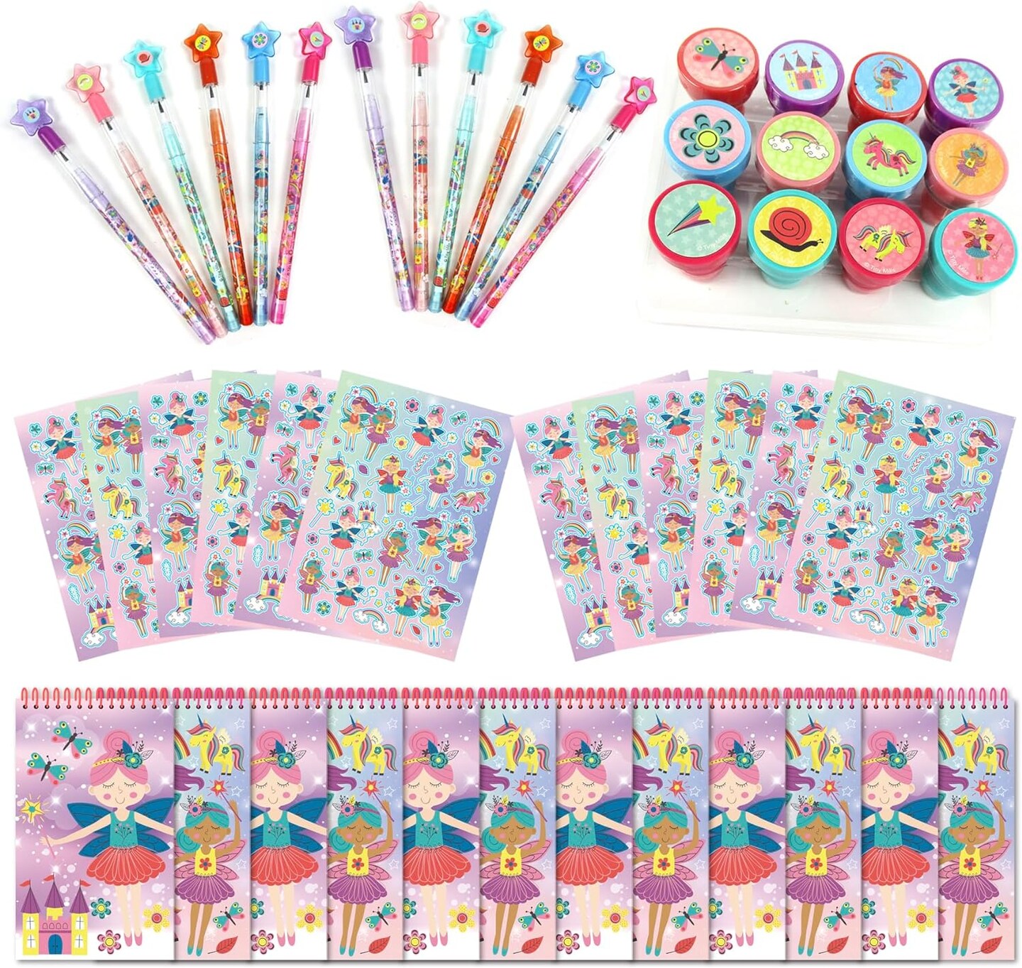 TINYMILLS Magical Fairies Birthday Party Favor Set (12 multi-point pencils, 12 stampers, 12 sticker sheets, 12 small spiral notepads)