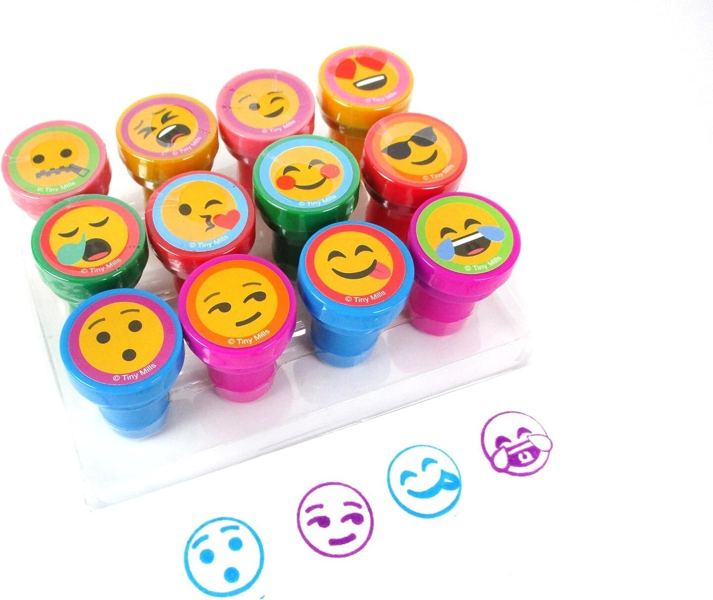 TINYMILLS Emoji Birthday Party Favor Set (12 multi-point pencils, 12 stampers, 12 sticker sheets, 12 small spiral notepads) Emoji Pencils Emoji Stampers Emoji Notepads Emoji Stickers