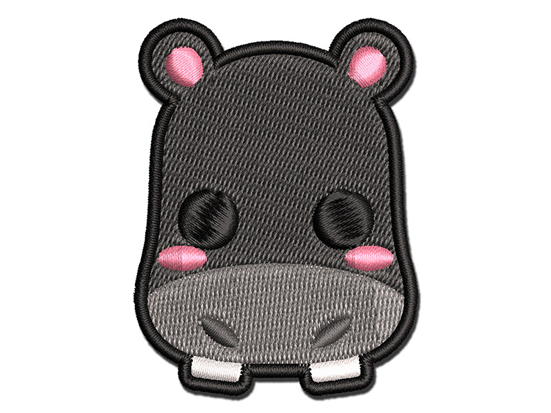 Charming Kawaii Chibi Hippopotamus Face Blushing Cheeks Multi-Color Embroidered Iron-On or Hook &#x26; Loop Patch Applique