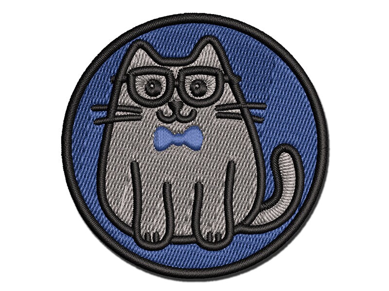 Cat Smart with Glasses and Bowtie Multi-Color Embroidered Iron-On or Hook &#x26; Loop Patch Applique