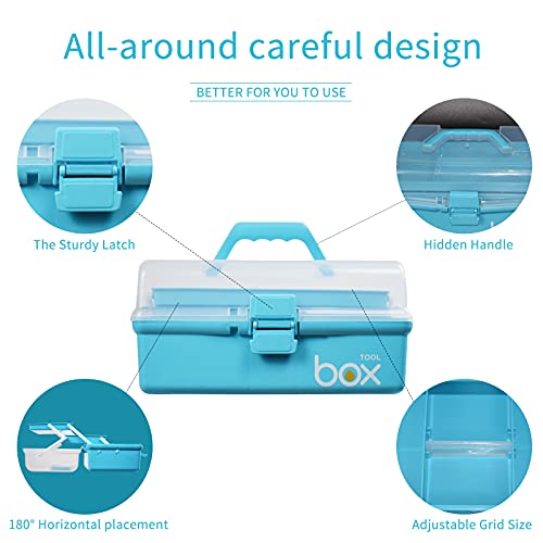 12'' Three-Layer Multipurpose Storage Box Organizer Folding Tool Box/Art & Crafts Case/Sewing Supplies Organizer/Medicine Box/Family First Aid Box with 2 Trays (Blue)