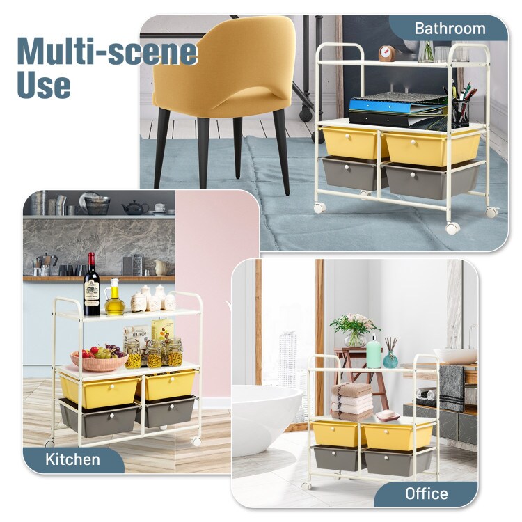 Rolling Storage Cart with 4 Drawers and 2-Tier Open Shelves