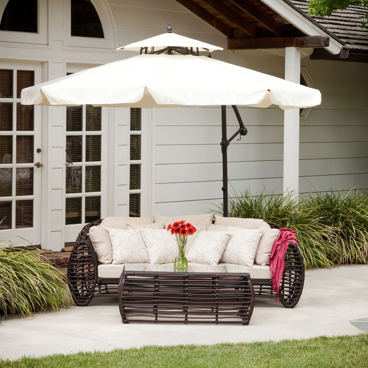 GDF Studio Tahiti Outdoor Beige Cantilever Patio Canopy Umbrella and Base