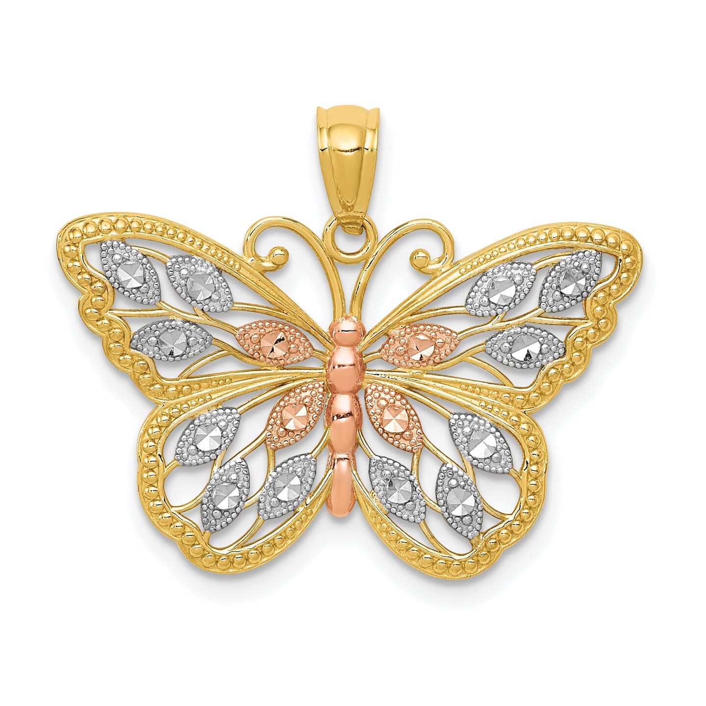 14K Tri-Color Gold Diamond Cut Butterfly Pendant Charm Jewelry 16 x 26 mm