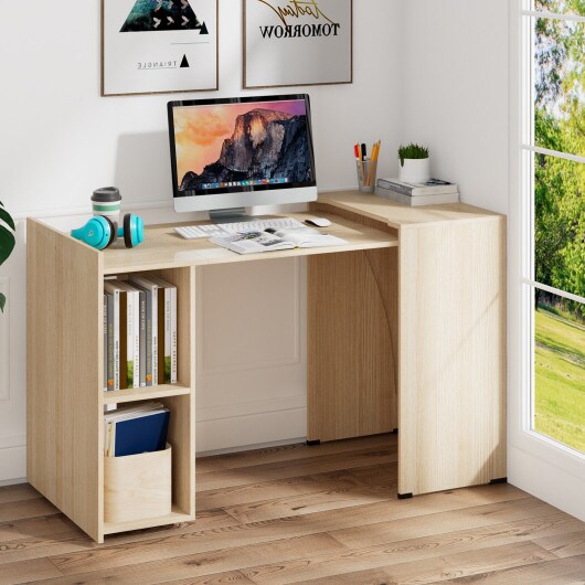 Extendable Computer Desk for Small Space with Mobile Shelves