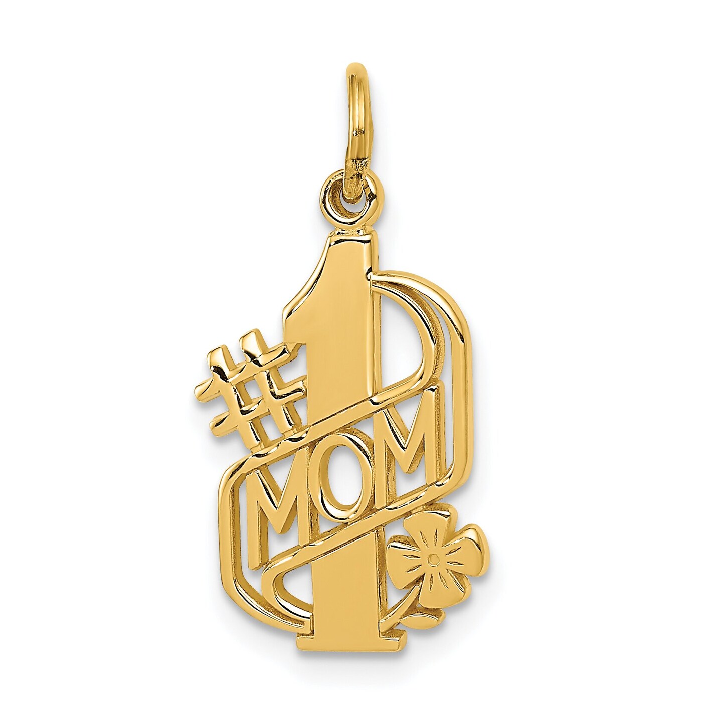 14K Yellow Gold #1 Mom Flower Charm Best Mother Pendant Jewerly 23mm x 11mm